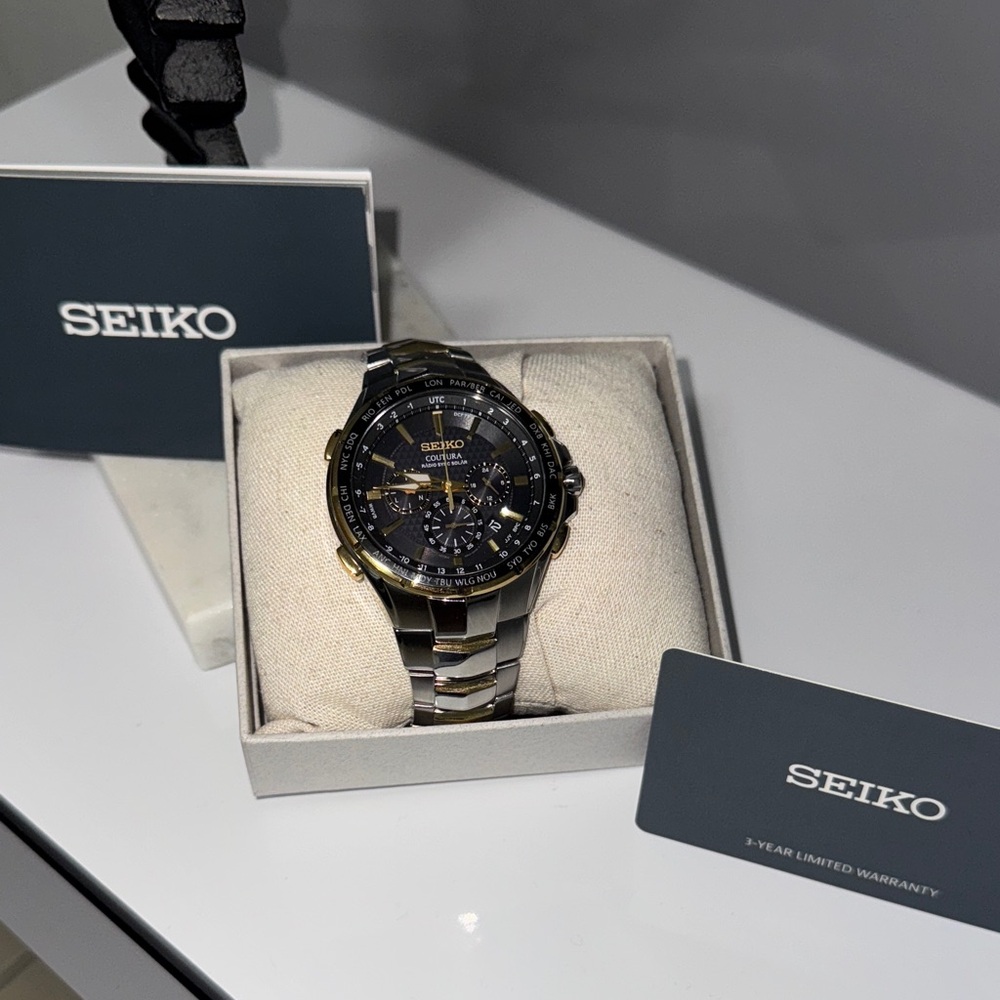 New! Seiko Men’s Coutura Radio Sync Solar Chronograph Two Tone Stainless Steel